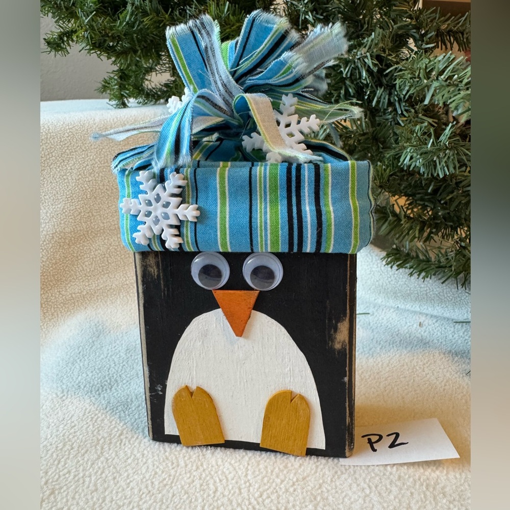 Handmade Penguin with Winter Snowflakes & Striped Hat Decor